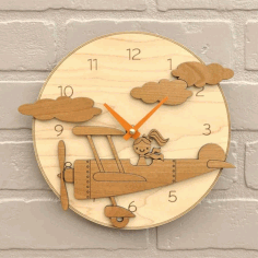 Airplane Girl Round Wooden Wall Clock For Kids Room Laser Cut Free Vector File