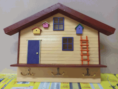 Laser Cut Home Shaped Wall Shelf With Hooks Free DXF File