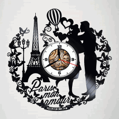 Laser Cut Paris France Mon Amour Vinyl Record Wall Clock Free DXF File