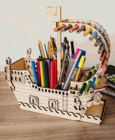 Laser Cut Ship Pencil Holder Organizer Free Vector File