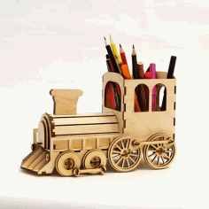 Laser Cut Steam Locomotive Pen Organizer With Bank Free Vector File