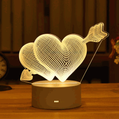Laser Cut Two Hearts With Arrow Acrylic 3d Night Light Free Vector File