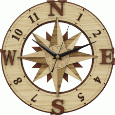 Laser Cut Wind Rose Compass Wooden Wall Clock Free Vector File