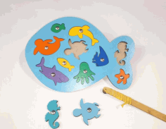 Laser Cut Wooden Fish Puzzle Educational Toy Sea Creature Peg Puzzle Free DXF File