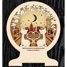 Laser Cut Wooden Multilayer Cat With Moon Led Lamp Free Vector File