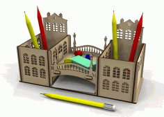 Old City Theme Pen Holder Desk Organizer Laser Cut Free Vector File