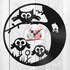Owls Vinyl Record Wall Clock Laser Cut Free Vector File, Free Vectors File