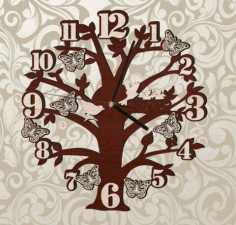 Tree Wall Clock With Birds And Butterflies Free Vector File