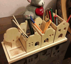 Wooden City Desk Organizer Idea Pen Holder Laser Cut Free Vector File