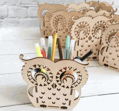 Wooden Owl Pencil Organizer Table Pen Holder Laser Cut Free Vector File