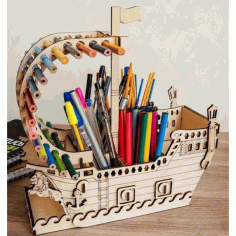 Wooden Ship Pencil Holder Desk Organizer 3d Puzzle For Kids Laser Cut Free Vector File