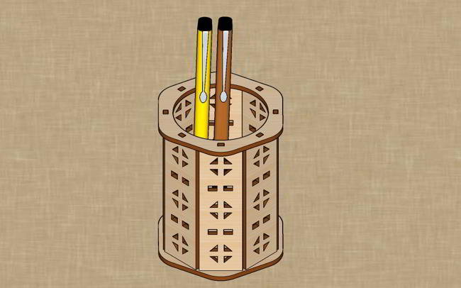 Laser Cut Decorative Wooden Pen Holder Hexagonal Pencil Stand Free DXF File