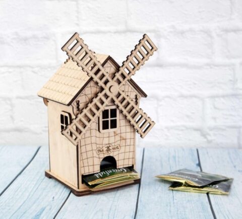 Mill Shaped Tea House Tea Bag Storage For Laser Cut Free Vector File