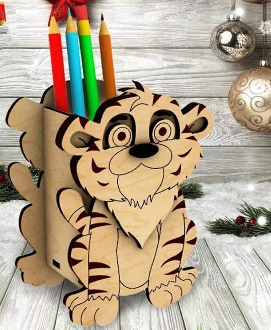Tiger Pencil Holder Laser Cut Free Vector File